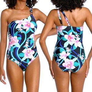 La Blanca Nightfall Blooms One Shoulder Rings One-Piece Swimsuit 40C 40D Size 16